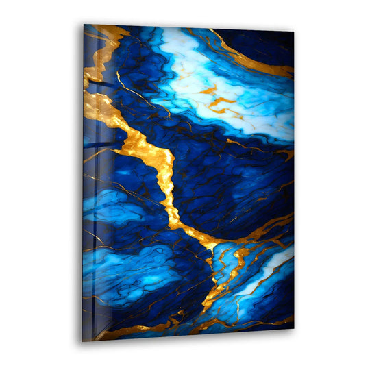 Blue and Gold Marble Wall Art – Elegant Glass Print with Rich Veins and Deep Texture for Modern Luxury Interiors - MyPhotoStation