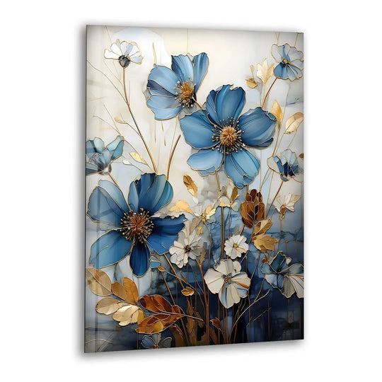 Abstract art from glass featuring swirling blue and white botanicals with golden accents.