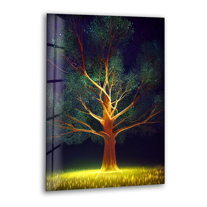 Leuchtende Baum-Wandkunst – Beleuchtetes Nachtwald-Glasdruckdesign