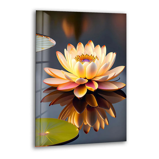 Golden Lotus Flower Wall Art – Tranquil Glass Print with Water Reflection for Zen, Spa, and Minimalist Interiors - MyPhotoStation