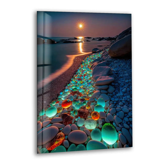Glowing Pebble Beach Wall Art – Sunset Glass Print with Luminous Stones for Coastal Decor - MyPhotoStation