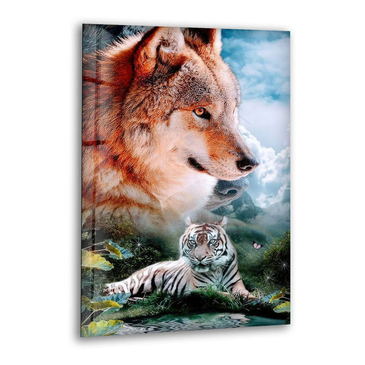 Wolf and White Tiger Wall Art – Majestic Animal Duo Nature Glass Print for Bold Decor - MyPhotoStation