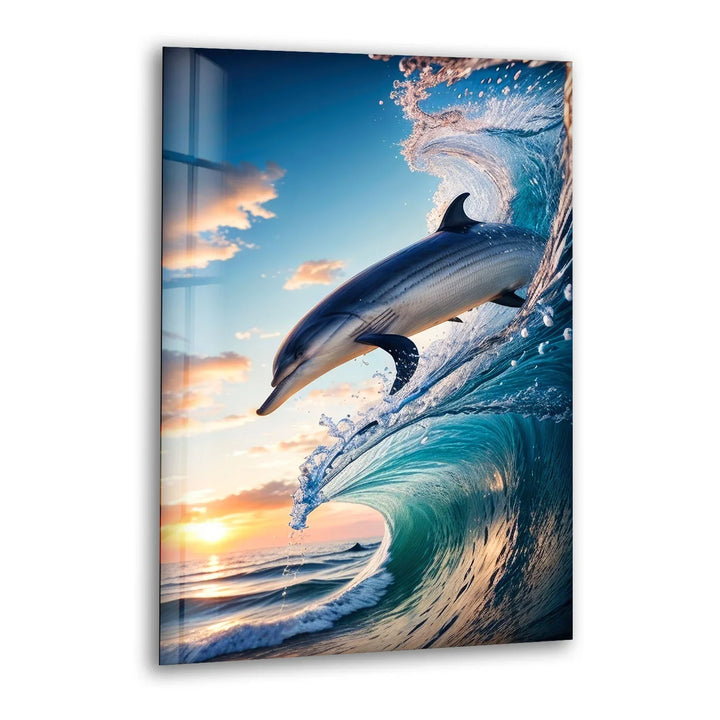 Jumping Dolphin Glass Wall Art – Ocean Wave Sunset Scene for Coastal Decor - MyPhotoStation