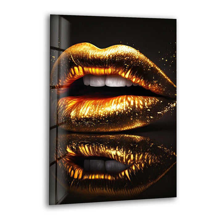 Goldene Lippen Wandkunst – Glamouröses funkelndes Mund-Glasdruck-Design