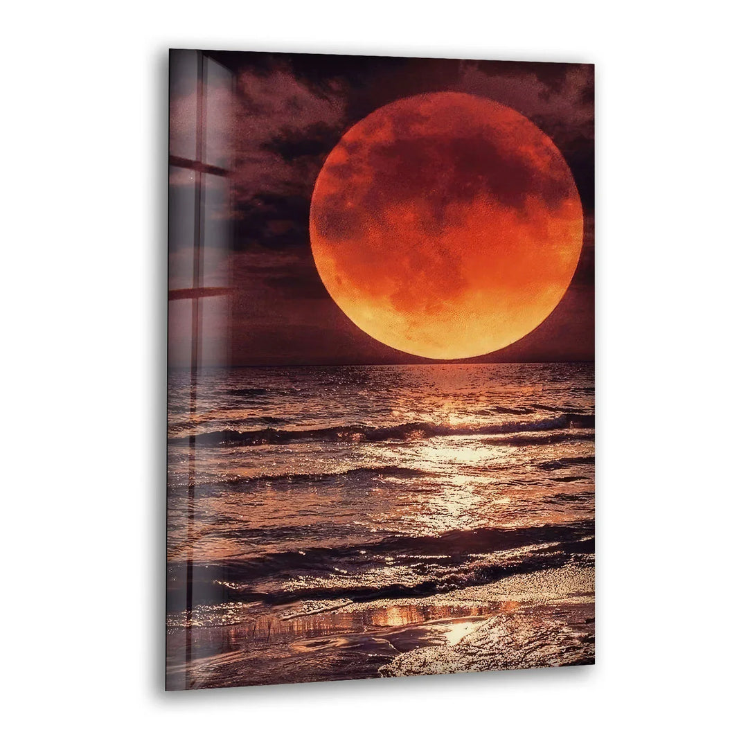 Red Moon Over Ocean Glass Wall Art – Dramatic Lunar Seascape Print for Bold Modern Decor - MyPhotoStation