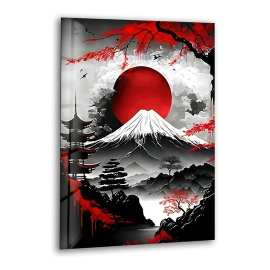 Foreground elements create depth and layers in this Japanese Red Sun & Mount Fuji tempered glass wall art, with the elegant black and white artwork receding to the iconic peak.