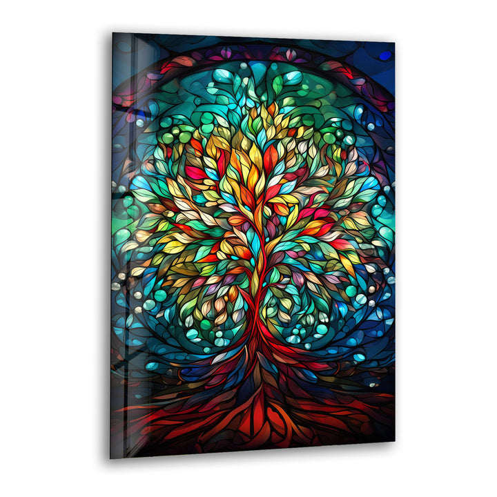 Baum des Lebens Buntglas-Wandkunst – Farbenfrohes vertikales Glasdruckdesign