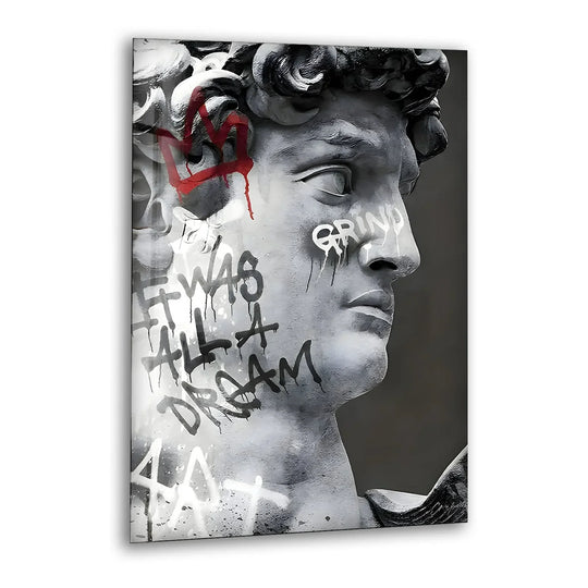 Graffiti-covered marble face art pops as the loudest element on this cool glass wall artwork.