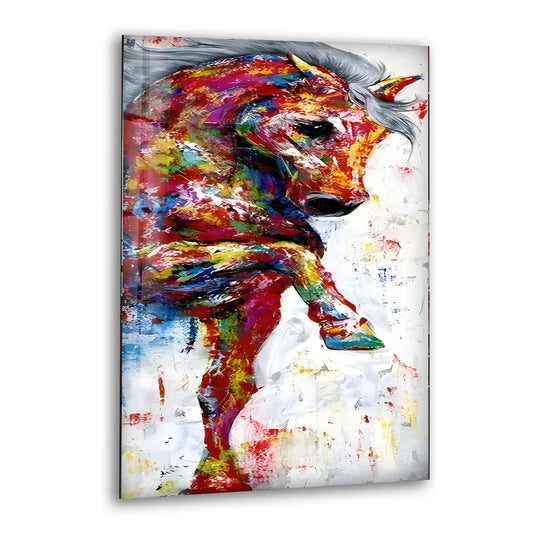 Animal glass wall art of a colored horse vibrant design and dynamic expression and is ready to hang and perfect for any room
