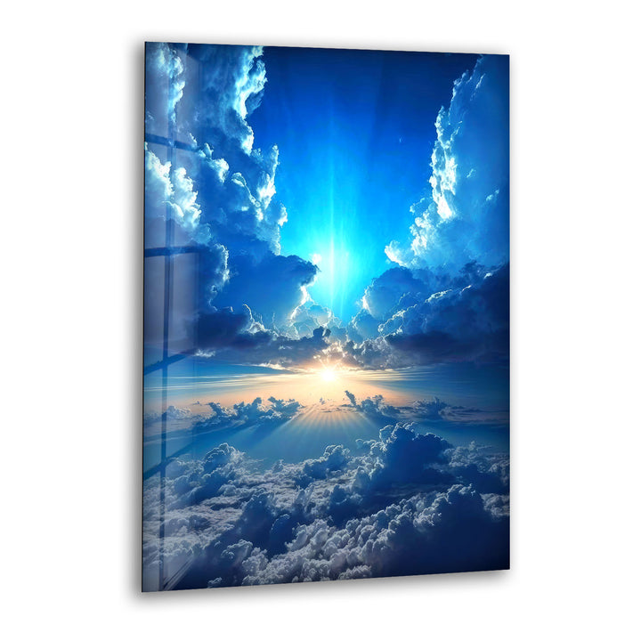 Himmlischer Himmel Wandkunst – Strahlende Wolken und Lichtstrahl Glasdruck