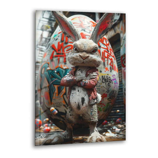 Punk rock rabbit with crossed arms on a graffiti-covered egg, featured in best glass art.