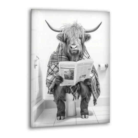 Plaid Highland Cow Bathroom Wall Art – Funny Black and White Glass Print for Rustic Decor - MyPhotoStation