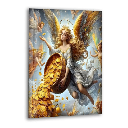 A radiant angel spills golden coins as the brightest area of this exquisite tempered glass wall art.