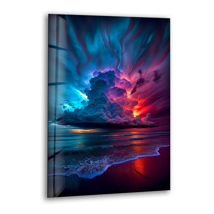 Wandkunst mit stürmischem Strandsonnenuntergang – Lebendiges Himmel- und Ozean-Glasdruckdesign