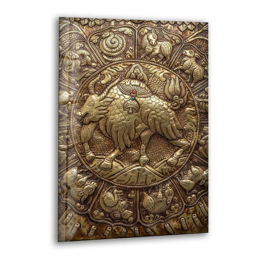 Intricately detailed, realistic brass artwork features a central bull within a circular motif, surrounded by animals and ornamental patterns, showcasing unique modern wall decor.