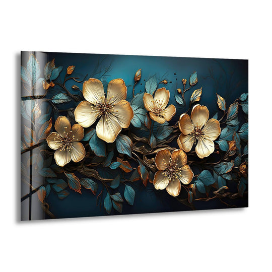 Golden floral hanging wall art with bold blue botanical leaves on a dark background.
