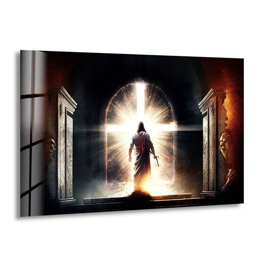 Glow radiates from the cross in this dramatic Jesus art print, a religious piece printed on tempered glass wall art for an inspiring Christian display.