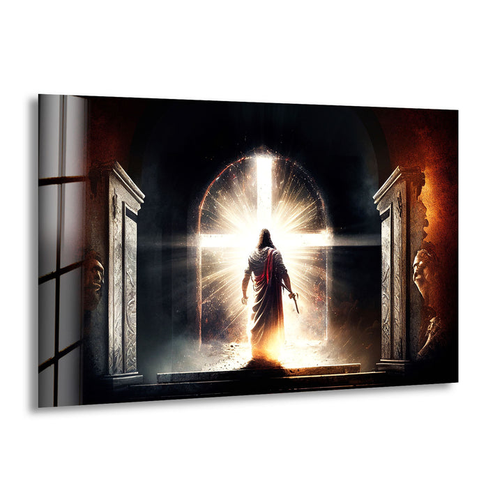 Jesus steht vor dem strahlenden Kreuz – Christlicher Wandbild-Glasdruck