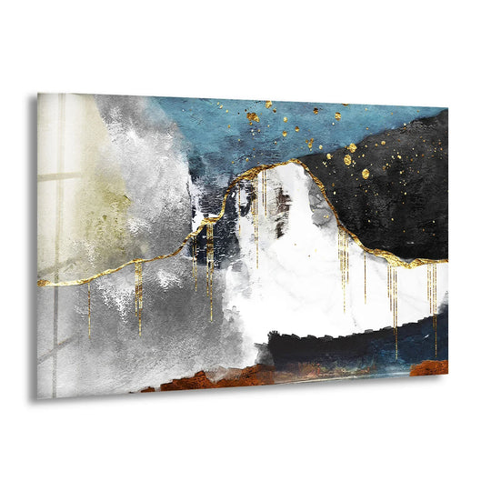 Abstract mountain glass wall art decor features a striking transition from cool blues and grays to warm browns with elegant gold accents.