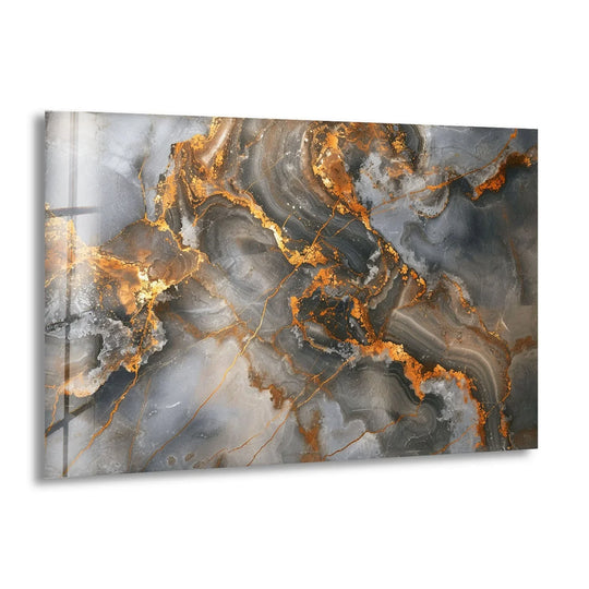 A striking contrast of deep charcoal grays against bright, crackling gold defines this abstract glass wall art print.