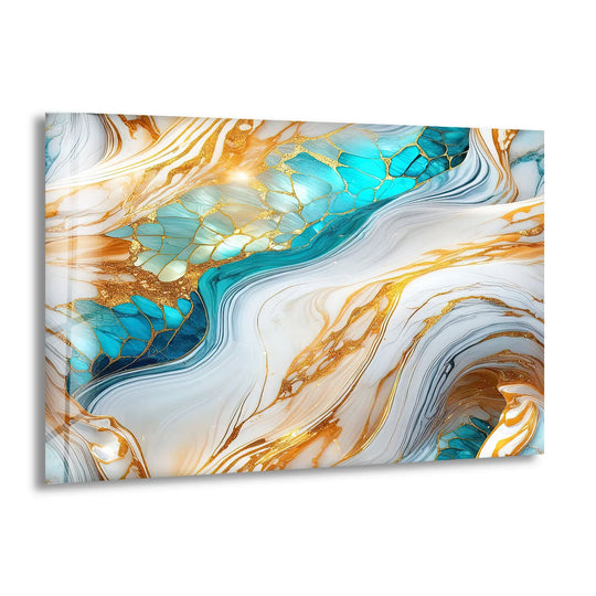 Serene abstract print wall art with a tranquil mood, featuring flowing gold and turquoise marble textures.