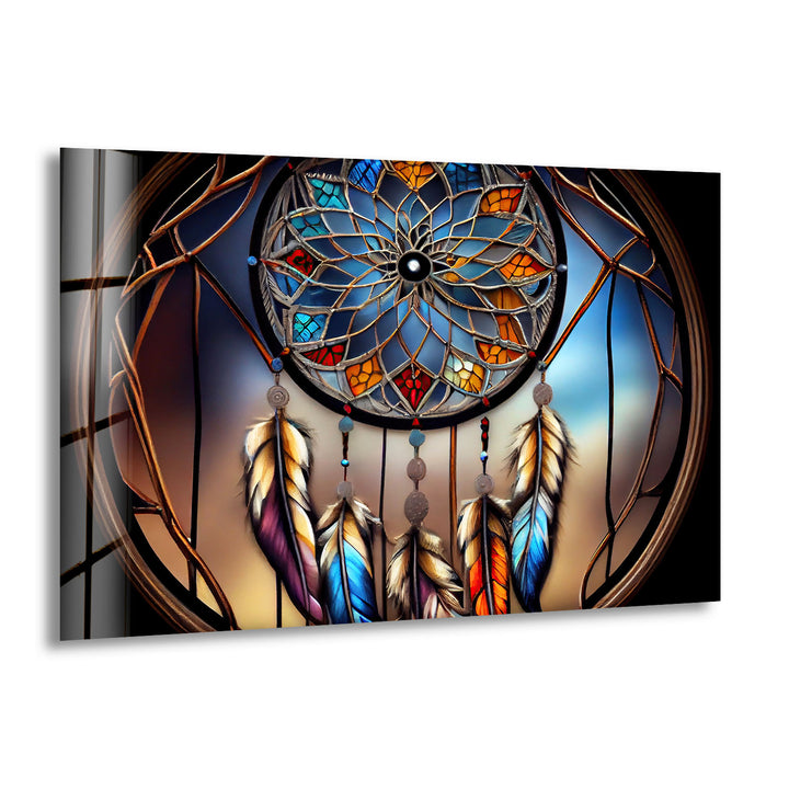 Dreamcatcher Stained Glass Wall Art – Boho Spirit Window Design, Tribal Home Decor