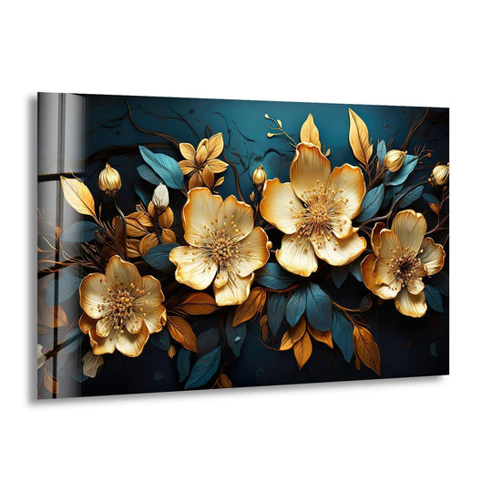 Dominant deep blue and gold hues adorn this elegant botanical glass wall artwork featuring intricate floral designs.