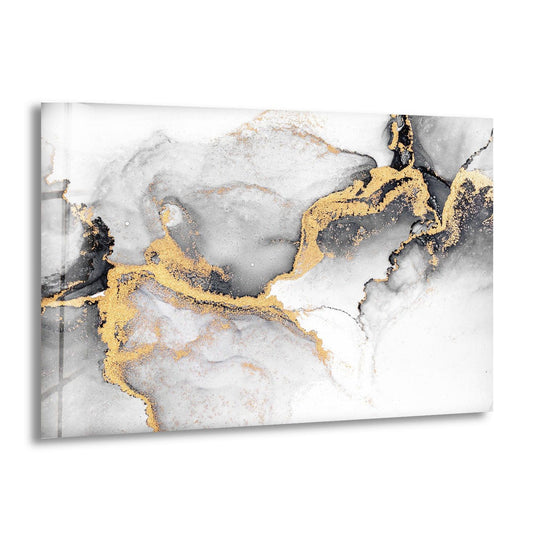 Monochromatic best glass art featuring dramatic color contrast between stark white, deep black, and shimmering gold abstract ink flows.