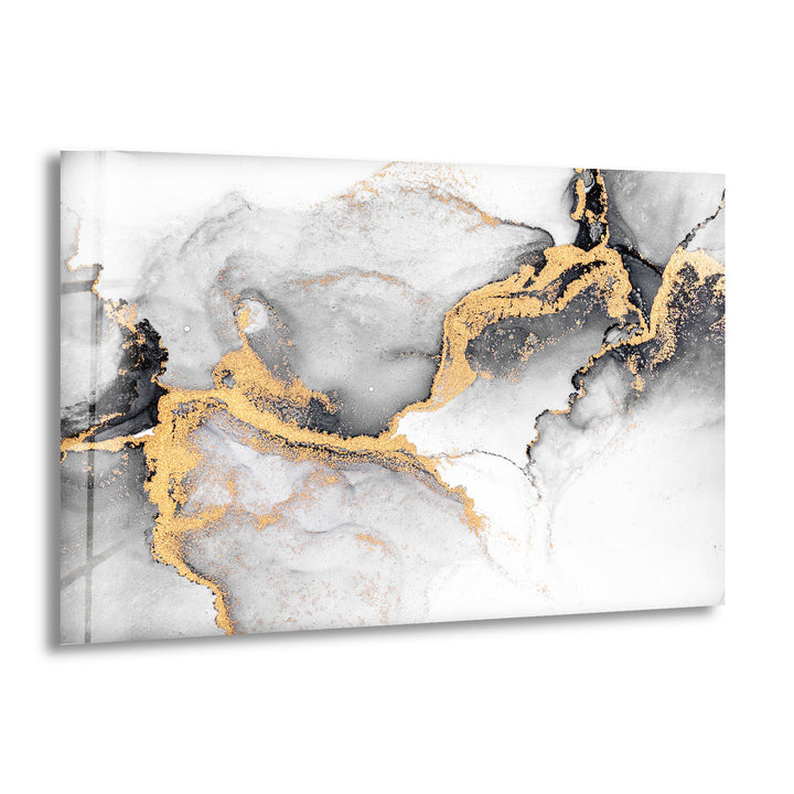 Black White and Gold Abstract Wall Art – Minimalist Glass Print for Modern Decor