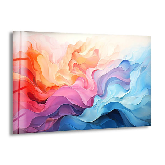 Vibrant red, pink, and blue flowing abstract design, a stunning glass hanging wall art.