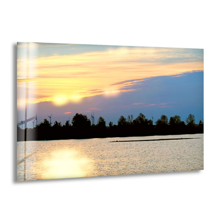 Sunset Lake View Wall Art – Serene Wind Turbine Glass Print for Eco-Inspired and Modern Interiors