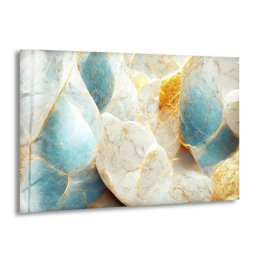 Golden Waves – abstract decorative wall art features the brightest area with shimmering golden veins on white and blue marble textures.