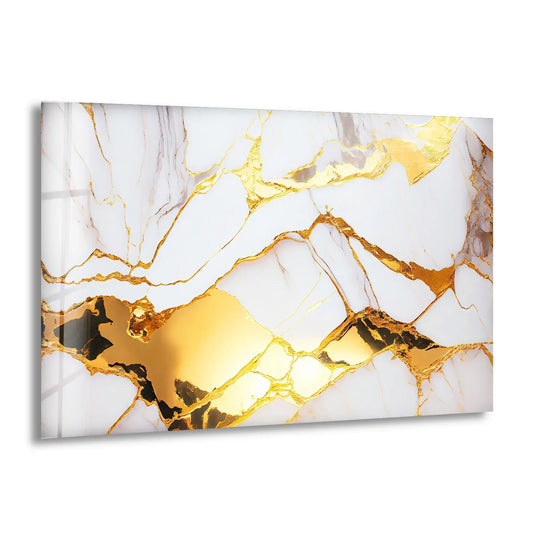 A luxurious white and gold marble decorative wall art with intricate veining and shimmering metallic accents.