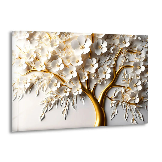 The depth and layers of the golden blossom tree in this decorative wall art are enhanced by the raised, white floral design against the smooth glass surface.