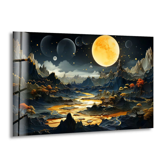 Ethereal mood captured in this fantasy moonlit landscape glass wall art, a surreal scene with a golden river offering enchanting wall prints.