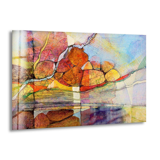 Vibrant glass wall artwork bursts with high color saturation, showcasing warm earthy tones in an abstract stone reflection.