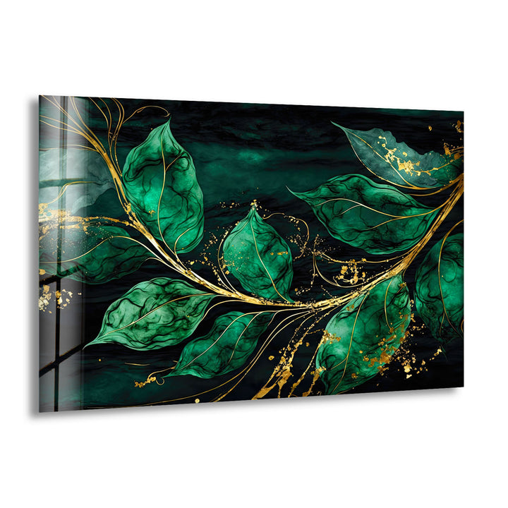 Smaragdgrüne und goldene Glaswandkunst – Elegantes botanisches Blattdesign