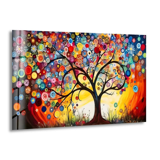 Sunlight streams through a vibrant tree of colored circles, casting a warm glow on shadowy ground for lively home decoration.