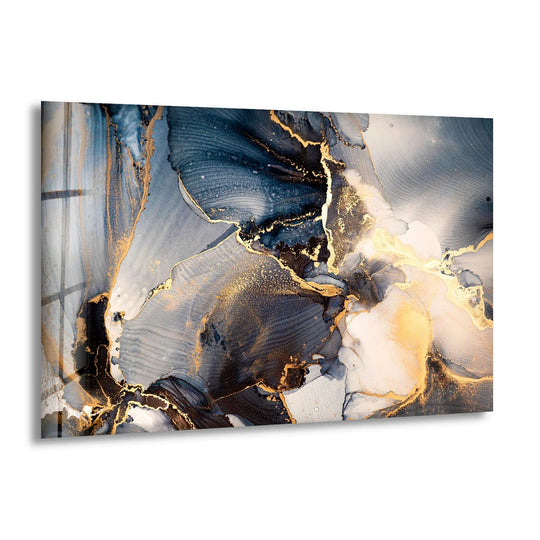Elegant abstract glass print décor features shimmering gold ink on a unique modern wall decor piece.