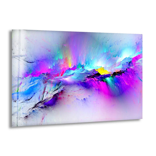 A vivid explosion of bright iridescent colors captures intricate details in this unique modern wall decor glass art.