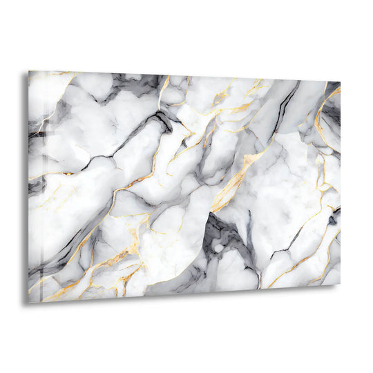 Abstract print wall art featuring a dynamic white marble pattern with elegant gray and gold veins.