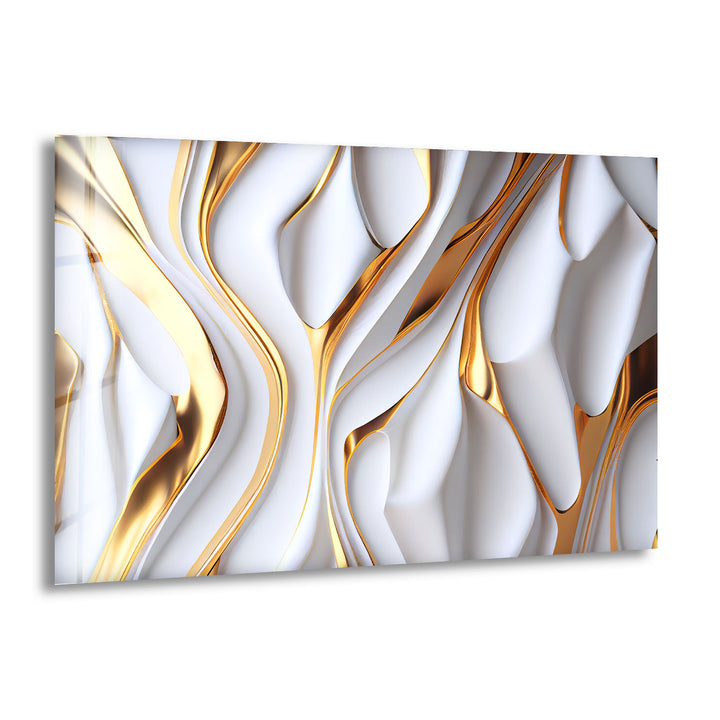 Gold White Abstract Wall Art – Luxury Fluid Texture Glass Print for Modern Interiors