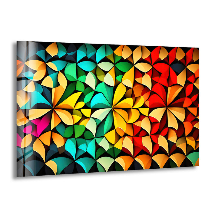 Bunte geometrische Glaswandkunst – Lebendiges abstraktes 3D-Muster