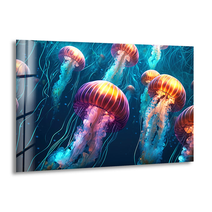Leuchtende Quallen-Wandkunst – Unterwasser-Ozeanszene-Glasdruck