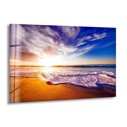 Highly saturated hues create a vibrant effect in this ocean sunrise glass wall art, enhancing the golden horizon with brilliant color as a standout piece of art from glass.