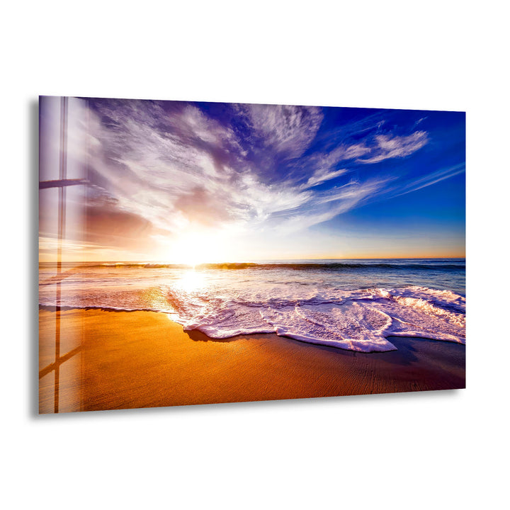 Golden Sunrise Beach Wall Art – Serene Ocean Glass Print for Coastal and Relaxing Interiors