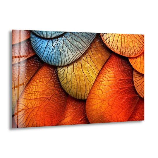 Abstract glass art painting showcasing a mesmerizing visual rhythm of overlapping, textured leaf shapes in vibrant oranges, yellows, and blues.