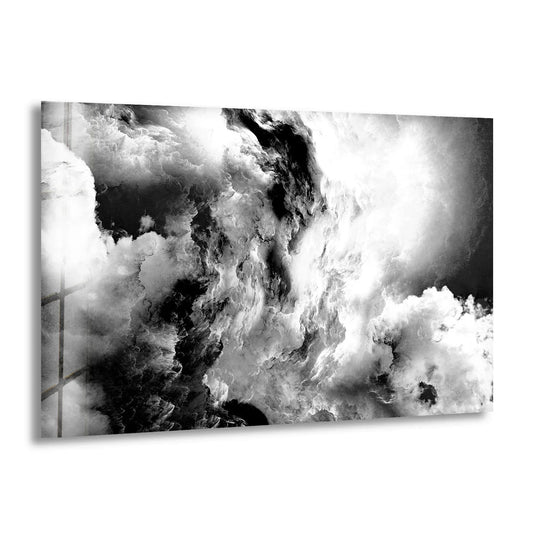 Monochrome storm wall art featuring abstract black and white cloud formations as a dramatic background on these glass wall prints.