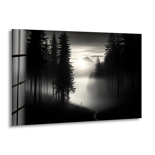 Foreground trees frame the misty forest, showcasing subtle depth and layers in this black and white foggy forest wall art prints.