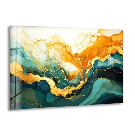 Golden Horizon abstract glass art with extensive negative space framing flowing emerald and gold abstract waves.
